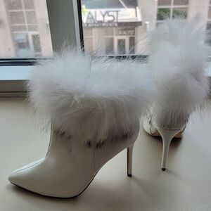 Custom Order White Faux Fur Trim Stiletto Ankle Boots (Kitten Heel Available)